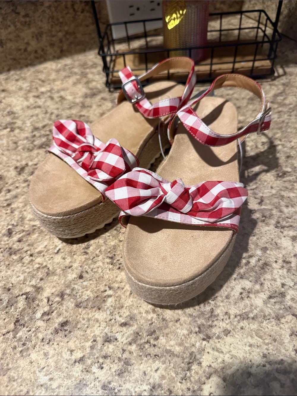 Cat & Jack Kids Daphne Red & White Gingham Bow 1” Platform Espadrille Sandal New